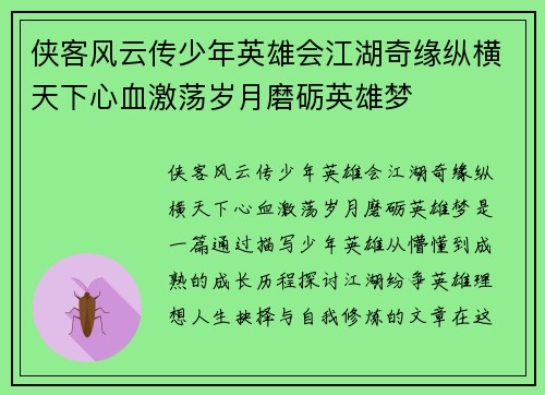 侠客风云传少年英雄会江湖奇缘纵横天下心血激荡岁月磨砺英雄梦