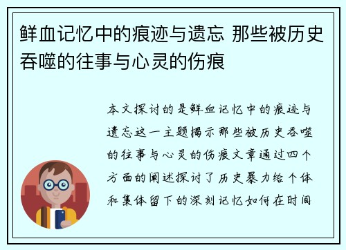 鲜血记忆中的痕迹与遗忘 那些被历史吞噬的往事与心灵的伤痕
